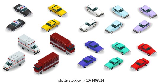 3d isometric police, taxi, ambulance, fire truck, urban car icons. Vector illustration isolated on white background