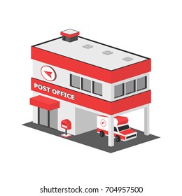 Edificio de oficina de correos isométrico 3D en estilo plano aislado sobre fondo blanco.