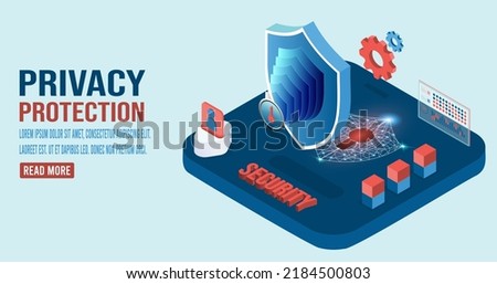 3D isometric Privacy protection concept with cloud data under the protection, data privacy, antivirus, encryption, Secure information transfer.  Vector illustration eps10