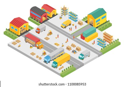 3d Isometric Process Of The Big Warehouse Company. Warehouse Exterior Buildings Square, Delivery Business, Cargo Storage Vector Illustration.