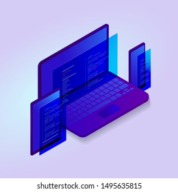 3d isometric programmer code vector icon. Laptop, phone and tablet icon with code on the  screens of devices. Design for news, website template, landing page or banner.