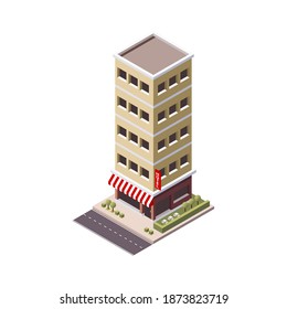 Proyección isométrica 3D de hotel dimensional, casa, edificio, oficina