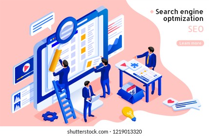3d isometric projection SEO concept illustration in blue and pink