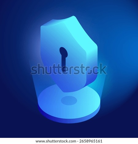 3d isometric Protection shield with keyhole for data security privacy concept. Cybersecurity innovation technology in futuristic gradient blue icon. virtual cyber security digital protect guarantee.