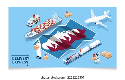3D concepto logístico isométrico de Qatar con servicio de operación de transporte, exportación, importación, carga, aire, carretera, marítimo, entrega. Ilustración del vector EPS 10
