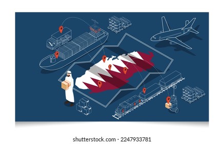 3D isometrisches Qatar Logistikkonzept mit Transportbetrieb Service, Export, Import, Cargo, Luft, Straße, See, Lieferung. Vektorgrafik EPS10