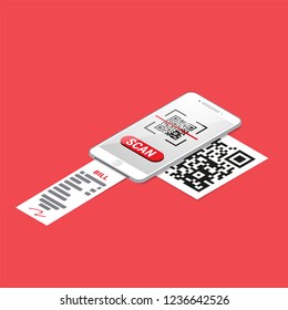 3D isometric QR scanner concept, vector illustration.