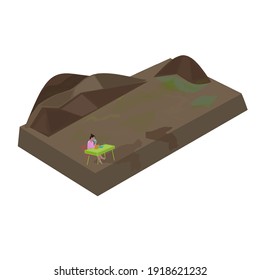3d isometric realistic view of the mountains with a woman working on a laptop idea 
inspiration design vector illustration 