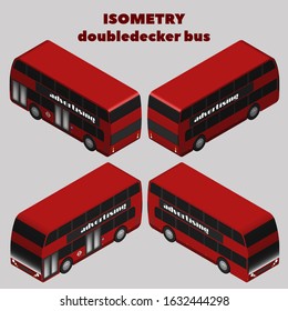 3D Isometric Red Double-decker Bus With Two Doors In Four Projections