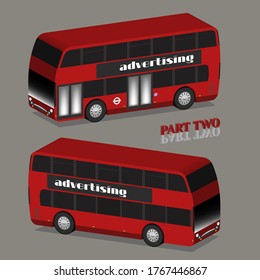 3D Isometric Red Double-decker Bus With Two Doors In Two Projections. Part Second