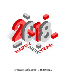 3D Isometric red and gray text 2018 for New Year celebration.