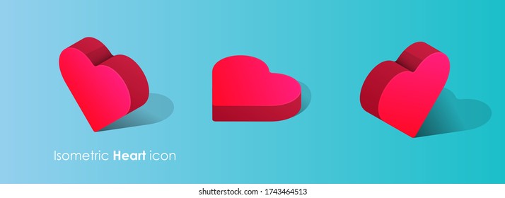 3D isometric red heart icon. Vector- top, left, right angles.