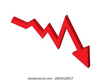 3D isometric red zigzag arrow pointing down isolated on white. Flat volume business financial crisis symbol for bankruptcy, economic recession, stock market crash and negative growth.