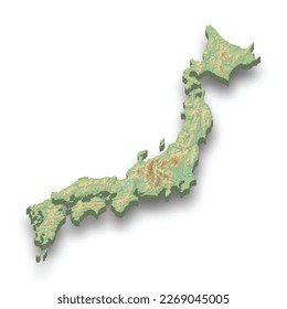 3d isometric relief map of Japan with shadow