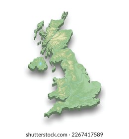 3d isometric relief map of United Kingdom with shadow