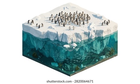 3D isometric render showing arctic wildlife above and below the water surface on an iceberg.
