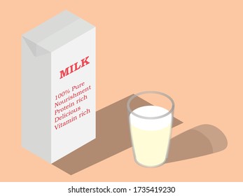 3d isometric rendering of a milk paper carton with a glass of milk on a solid orange background with shadows falling on the surface