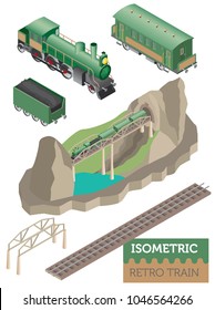 3d isometric retro railway with steam locomotive and carriages. City map constructor elements. Build your own infographic collection. Vector illustration