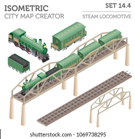 3d isometric retro railway with steam locomotive and carriages. City map constructor elements. Build your own infographic collection. Vector illustration