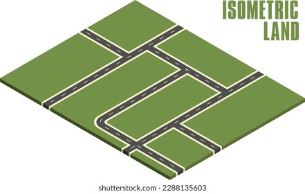 3d Isometric road plan or town blueprint with green grass and roads. Map of different empty plots in an angled top view. Field design vector illustration for game development.