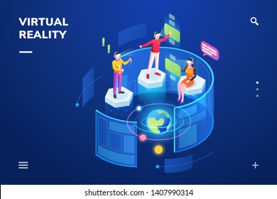 3d isometric room with people using virtual reality or immersive technology gadget. Man and woman using head-mounted VR with hologram. Cyber training and innovation. Smartphone screen, landing page