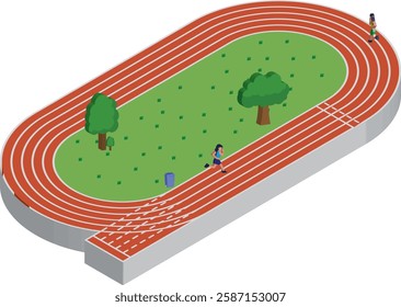 3d isometric Running track Field  with environtment and girl running. Stadium Running Field Vector. Running Concept Design.