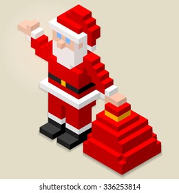 3d isometric Santa Claus with sack vector pixel art