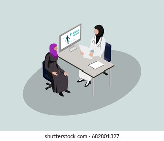 3D Isometric Saudi People Character. Saudi Female Patient Discuss With Doctor In Hospital. Cartoon Of Arab People For Web Or Infographic Design In Vector Illustration