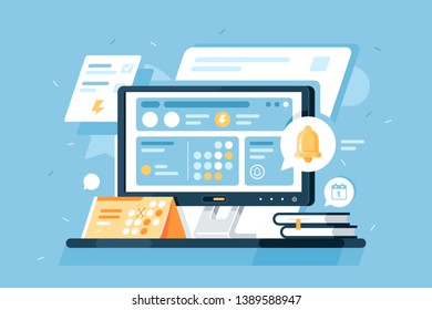 3d isometric schedule equipment with calendar, computer app, notepad, alert. Concept tools for business managment on blue background. Low poly. Vector illustration.