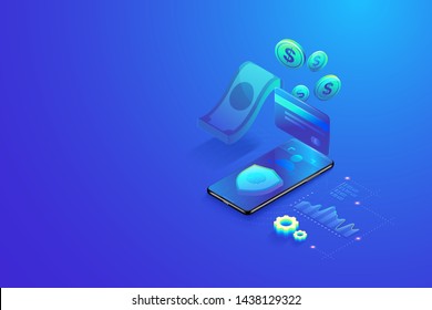 3D Pago en línea seguro e isométrico por concepto de smartphone. Sociedad sin efectivo, compras en línea, transacción bancaria segura con verificación de contraseña y huellas digitales vectorial