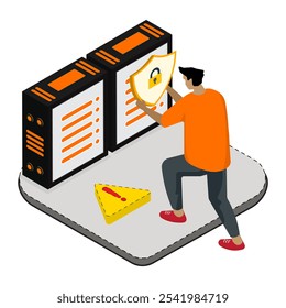 3D isometric server security. 3D illustration with man, data server, safety, padlock and alert. Display technology concept on 3D flat vector. 