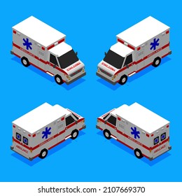 3D isometric set of ambulance. American ambulance. Vector illustration for infographic, website, apps and other uses.