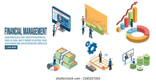 3d isometrischer Satz Finanzmanagement mit Diagrammen, Grafiken, Finanzanalytik und Business Infografiken. Vektorgrafik eps10