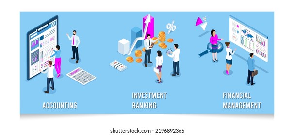 3d conjunto isométrico de gestión financiera con diagramas, gráficos, elementos analíticos financieros e infográficos empresariales. Ilustración vectorial eps10
