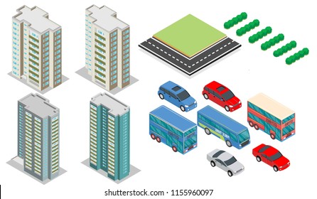 3d isometric set of kinds of buildings, parks, vehicles, roads, vector illustrations
