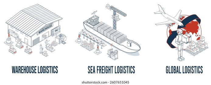 3D isometric set of Logistics and Delivery services scenes concept with Warehouse, Sea Freight, Global Logistics.