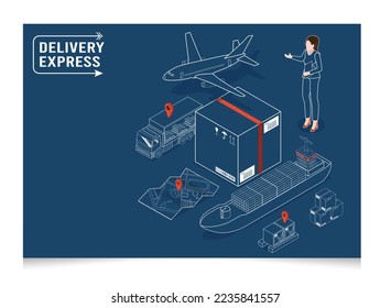 3D concepto de conjunto isométrico de soluciones logísticas con Logística Global, Logística de Almacenes, Transporte Marítimo, Entrega en Línea, Exportación e Importación. Ilustración vectorial eps10