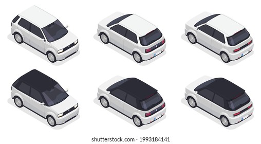 3D isometric set modern design cars. Hatchback white electric car. For infographics, commercial, web. high quality vector illustration