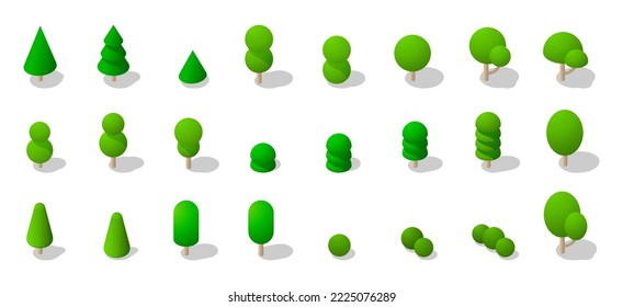 3d isometric set of plants, trees and bushes in various shapes for landscape design. Park, garden, city, landscape elements for banner, poster, presentation, infographic, website, apps, maps, games. 