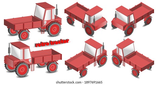 Conjunto isométrico 3D de seis proyecciones de un tractor retro de dos ejes rojo con una carrocería de carga delantera. EPS10