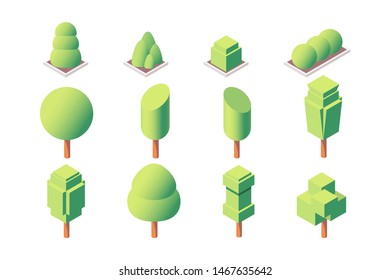 3d isometric set trimmed trees and vegetations. Concept isolated green plant and brushes collection transformation using geometric figures for web objects. Low poly. Vector illustration.