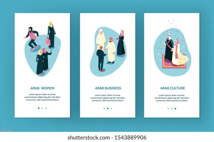 3d conjunto isométrico de banners verticales con caracteres de familia árabe ilustración vectorial aislada