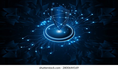 3D isometric shield icon representing internet security and firewall. Blue glowing technological background for cyber crime prevention.