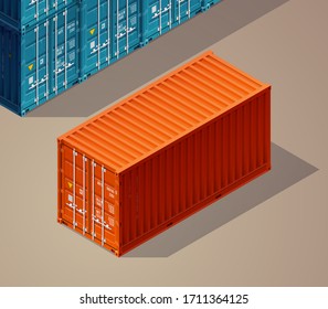 3D Isometric shipping cargo 20 ft container with closed doors. Large metal containers for transportation. Delivery of cargo shipping. Vector illustration