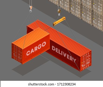 3D Isometric shipping cargo 20 and 40 ft container with closed doors. Large metal 40 foot containers for transportation. Delivery of cargo shipping. Vector illustration