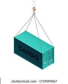 3D Transporte marítimo de carga isométrica de 20 pies de contenedor con puertas cerradas. Grandes contenedores metálicos de 6 metros para transporte. Transporte de carga. Ilustración del vector