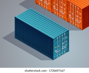 3D Isometric shipping cargo 20 ft container with closed doors. Large metal containers for transportation. Delivery of cargo shipping. Vector illustration
