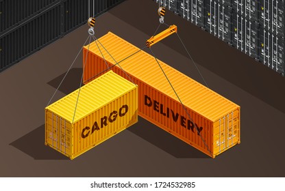 3D Embalaje de carga isométrica de 6 y 10 metros de contenedor con puertas cerradas. Grandes recipientes metálicos de 15 metros para el transporte. Entrega de carga. Ilustración del vector