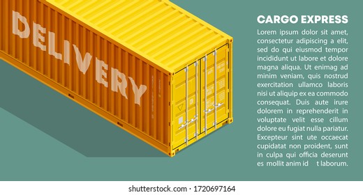 3D Embalaje de carga isométrica de 40 pies con puertas cerradas. Grandes contenedores metálicos de 10 metros para transporte. Transporte de carga. Ilustración del vector