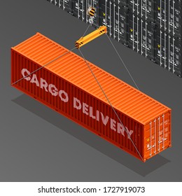 3D Isometric shipping cargo 40 ft container with closed doors. Large metal 40 foot containers for transportation. Delivery of cargo shipping. Vector illustration